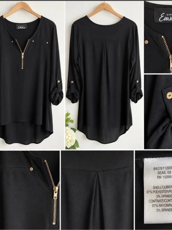Simply Emma Tops - Simply Emma Black V-Neck Tunic with Gold Zip